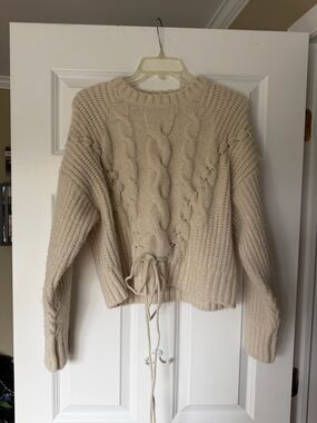 525 America Cream Cable-Front Tie Waist Crewneck Sweater